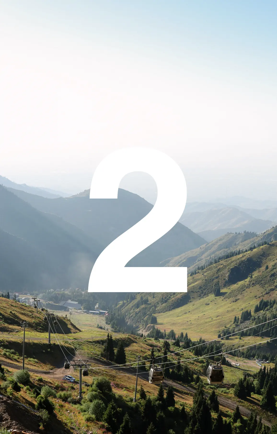 Green mountain slopes and cable cars at Shymbulak seen from above, with the Day 2 numeral